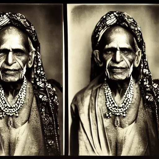 Image similar to photo, portrait of 100 year old Indian holy man by richard avedon, realistic, Leica, medium format, cinematic lighting, wet plate photography, parallax, high resolution,