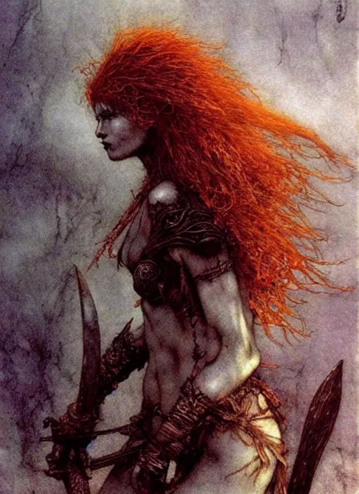 Image similar to redhead barbarian girl by Beksinski and Arthur Rackham, Yan Miller, Luis Royo