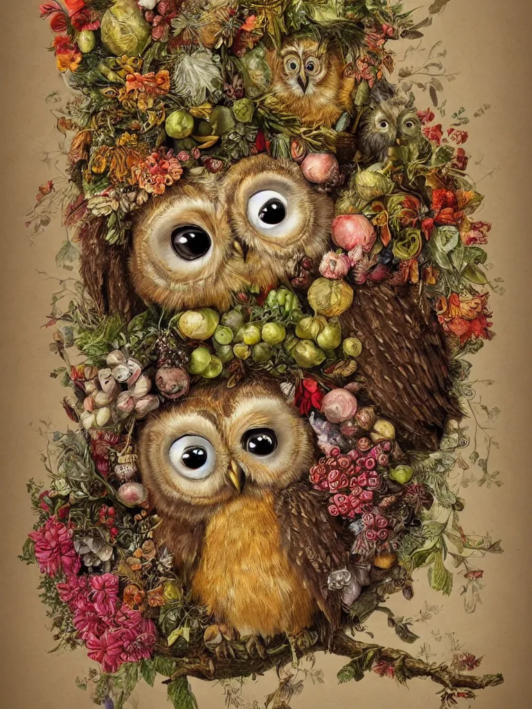 Prompt: Highly detailed cute owl in the style of Guiseppe Arcimboldo, sharp, masterpiece, artstation