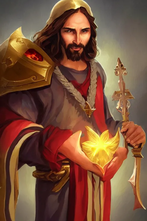 Prompt: A card of Jesus Christ as a DOTA 2 character holding a Sacred Heart armor, card game, card, trade card game, Artifact Dota2, by Stanley Artgerm Lau, WLOP, Rossdraws, James Jean, Andrei Riabovitchev, Marc Simonetti, Yoshitaka Amano, ArtStation, CGSociety,