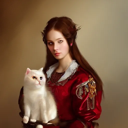 Image similar to portrait of a russian princess in her catsle holding a cat in her hand, in the style of charles sillem lidderdale, in the style of greg rutkowski, artstation, high quality art, super detail