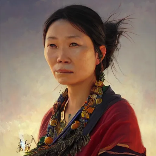 Prompt: portrait of an amis pangcah woman ( 3 5 ) from taiwan in 2 0 2 1, an oil painting by ross tran and thomas kincade