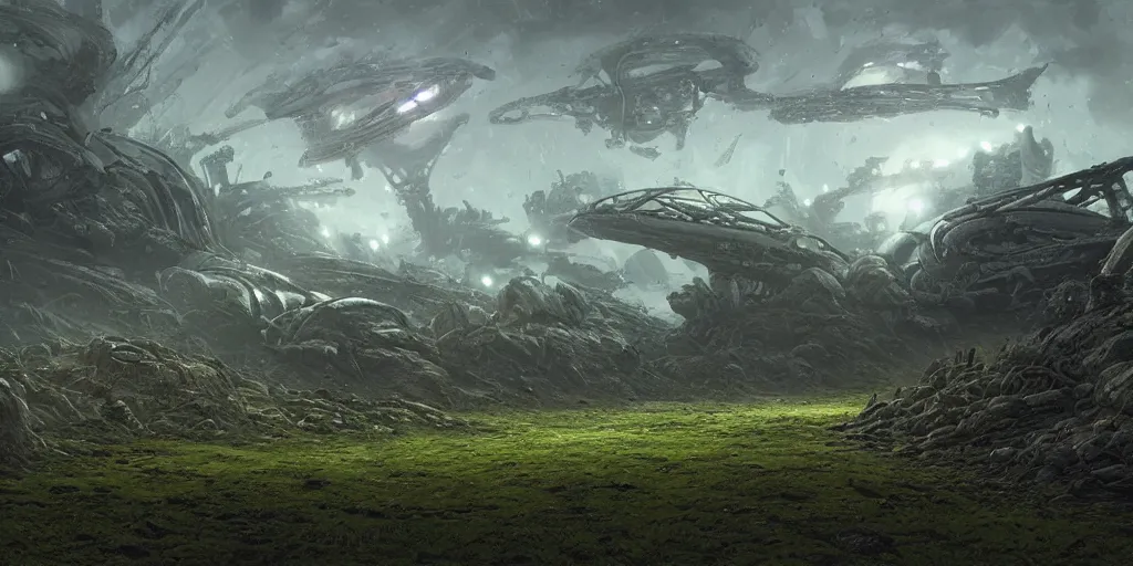 Prompt: rocky ground with a dirt path, and grass surrounding it, xenorphs part of the ground, organic alien ships attack the ground from the sky, john howe, liam wong, highly detailed, vibrant and vivid, giger