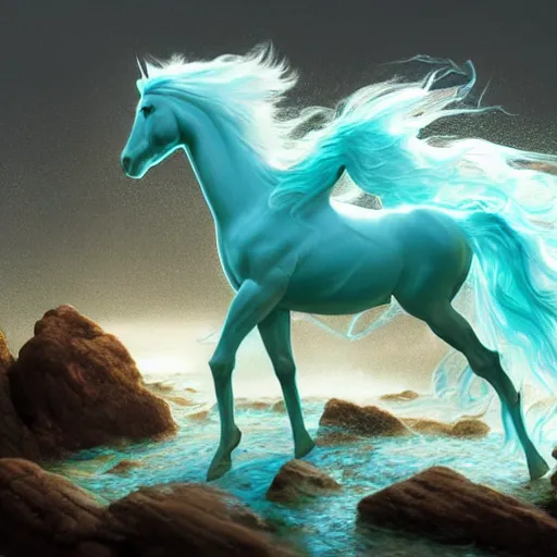 Image similar to a fantastical transparent small turquoise spirit horse made of water and foam and algae, splashing water, wave, translucent, ethereal, noble, radiant, hyperalism, scottish folklore, digital painting, artstation, concept art, smooth, 8 k frostbite 3 engine, ultra detailed, art by artgerm and greg rutkowski and magali villeneuve