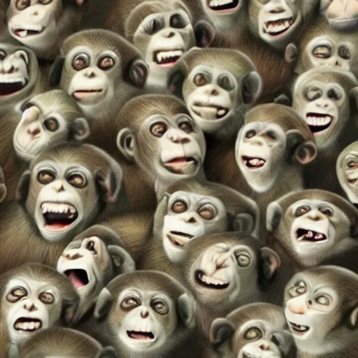 Image similar to an army of laughing monkeys, photorealistic