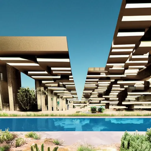 Image similar to architectural rendering of biophilia brutalism building in the desert, pool, garden