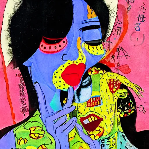 Image similar to beautiful painting of two bizarre psychedelic women kissing each other closeup in tokyo in springtime, speculative evolution, mixed media collage by basquiat and junji ito, magazine collage art, paper collage art, sapphic art, lesbian art