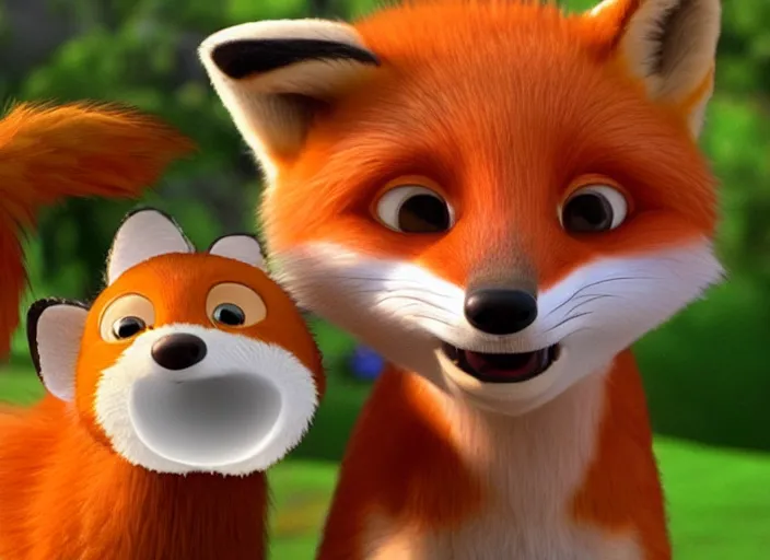 Prompt: A cute fox caught a chicken in his mouth, 3D pixar animation, 4k