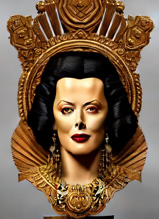 Image similar to high intricate bust of an hedy lamarr carved from wood in baroque style, studio light, maria panfilova, andrea savchenko, mike kime, ludovic plouffe, qi sheng luo, oliver cook, trending on artstation