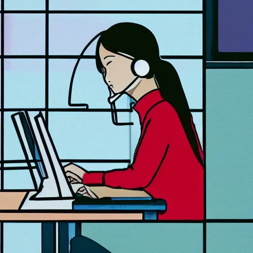 Image similar to illustration of female japanese student in profile, sat at her desk, her face lit by the computer screen, wearing headphones, japan, window, tokyo, neon lights outside , Hayao Miyazaki