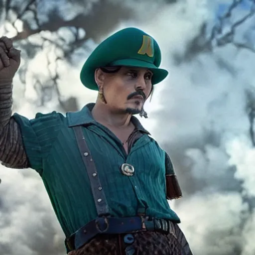 Prompt: stunning awe inspiring johnny depp as luigi from super mario bros, movie still 8 k hdr atmospheric lighting