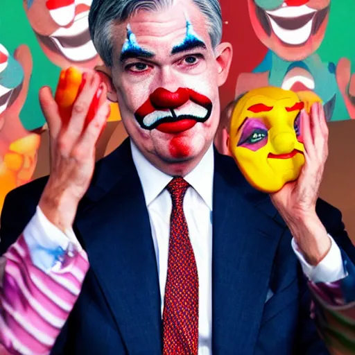 Prompt: Jerome Powell with colorful clown makeup all over his face whiteface, derp eyes