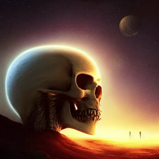 Image similar to a planet that somewhat resembles a skull, stars in the background, natural, ultra detail. digital painting, beautiful, concept art, ethereal, cinematic, epic, 8k, highly detail, insane detailed, oil painting, octane render, cinematic lighting, smooth, sharp, Artstation, mystical, illustration, Trending on Artstation, Artstation HQ, Artstation HD, digital art,