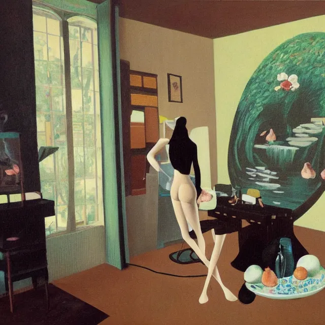 Image similar to female emo art student in her apartment, painting of flood waters inside an artist's feminine bedroom, a river flooding indoors, pomegranates, pigs, ikebana, water, octopus, river, rapids, waterfall, black swans, canoe, berries, zen, acrylic on canvas, surrealist, by magritte and monet