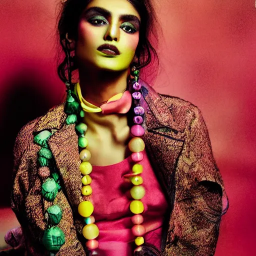Prompt: colorful portrait photograph of a Pakistani model, editorial story, Vogue France, editorial photographer by Peter Gehrke