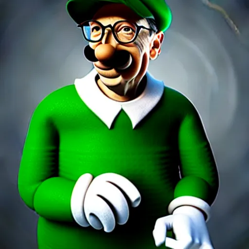 Image similar to uhd candid photo of hyperdetailed bill gates dressed as luigi. correct face, accurate luigi costume, cinematic lighting, photo by annie leibowitz, and steve mccurry.