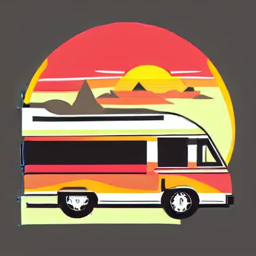 Image similar to vector art of a white and black cute thor chateau! motorhome camper!!, highway, mountains and colorful sunset!!, very very happy, stylish, warm colors, minimal vector art sticker!! by tom whalen