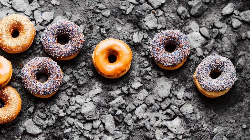 Image similar to donuts on the moon, sunlight, f - stop, high quality photography,