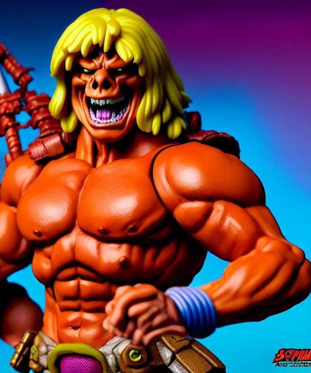 Image similar to hyperrealistic rendering, he - man by art of skinner and richard corben and jeff easley, product photography, action figure, sofubi, studio lighting, colored gels