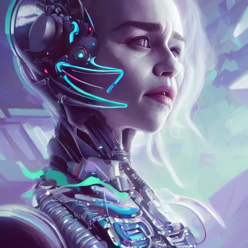 Prompt: a portrait of Emilia Clarke as a beautiful cybernetic techno queen, white woman, cyberpunk concept art by pete mohrbacher and wlop and artgerm josan gonzalez and syd mead, digital art, highly detailed, intricate, sci-fi, sharp focus, Trending on Artstation,