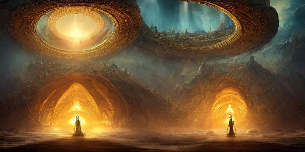 Image similar to a majestic photograph hiperrealistc of the entrance kingdom of agharta, with the king brightening on gold majestic, land of advanced races, giant, hollow earth infographic, illustrations, a big shell with a sun in the interior, dynamic lighting, fantastically beautiful, aesthetically inspired by loish, trending on artstation, art by oleg oprisco, 8 k