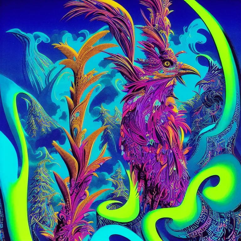 Image similar to mythical bird over infinite fractal volcanoes bright neon colors highly detailed cinematic eyvind earle tim white philippe druillet roger dean lisa frank aubrey beardsley hiroo isono