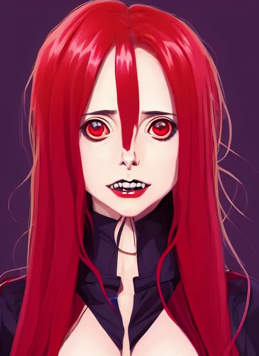 Image similar to beautiful anime vampire girl Alison Brie sharp teeth, red glowing hair, smiling, full body, symmetrical face symmetrical eyes, blurry background, Jamie McKelvie comic art, Alexandra Fomina artstation, face by Ilya Kushinov style, style by Loish, Norman Rockwell, painterly style, flat illustration