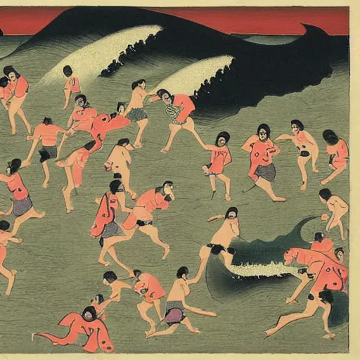 Prompt: a crowd of people running from a tsunami in the style of Japanese folk art