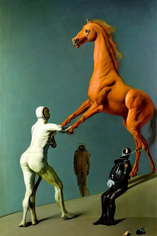 Prompt: a horse riding a centaur dressed as an astronaut, hauntingly surreal, highly detailed painting by francis bacon, edward hopper, adrian ghenie, gerhard richter, and james jean soft light 4 k,