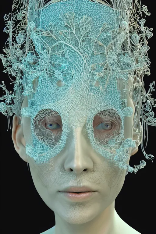 Prompt: cinema 4d render, ultra detailed of a beautiful translucid porcelain old woman face, cracked. biomechanical cyborg, analog, 35mm lens, beautiful natural soft rim light, big leaves and stems, roots, fine foliage lace, turquoise gold details, Alexander Mcqueen high fashion haute couture, art nouveau fashion embroidered, intricate details, mesh wire, mandelbrot fractal, anatomical, facial muscles, cable wires, elegant, hyper realistic, in front of dark flower pattern wallpaper, ultra detailed, 8k post-production