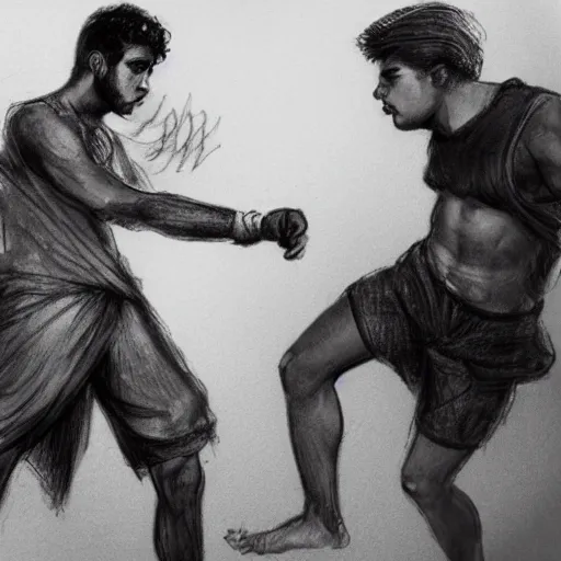 Image similar to 20 year old Mediterranean man fighting an 18 year old Mediterranean man, biblical clothing, highly realistic charcoal sketch