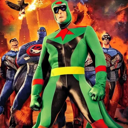 Prompt: action pigeon hero Michael Bay movie poster featuring Marvel Majestic Fat Pigeon in a extravagant full pigeon body green suit by Alex Ross, oil painting