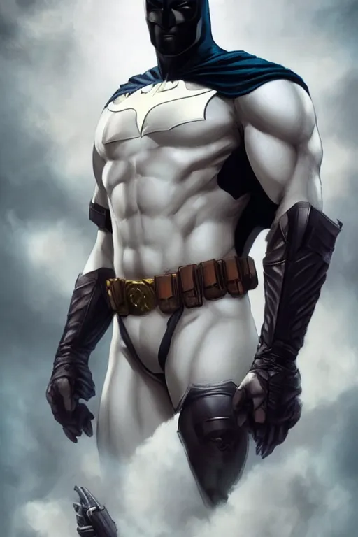 Image similar to characters portrait of MoonKnight mixed with Batman by ArtGerm and Tom Bagshaw, merged character, Full body shot, cinematic opening shot, 4k, highly detailed, cinematic lighting