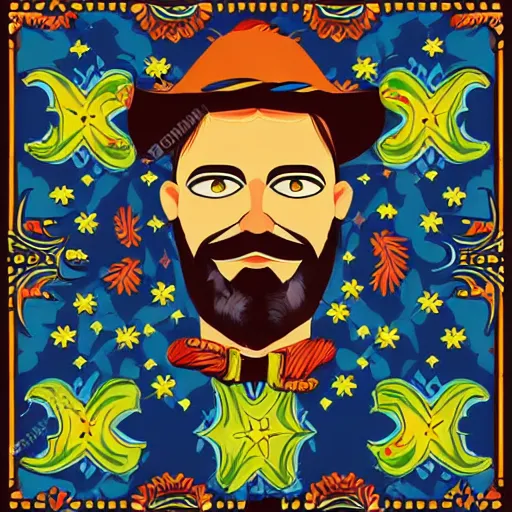 Prompt: bearded cowboy, portrait, highly colorful illuminated borders, persian folkore artstyle