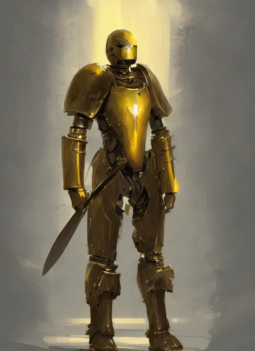 Prompt: portrait of a warforged character in yellow armor holding a paladin engraved longsword and carrying a big shield, epic rough concept art, by Greg Rutkowski