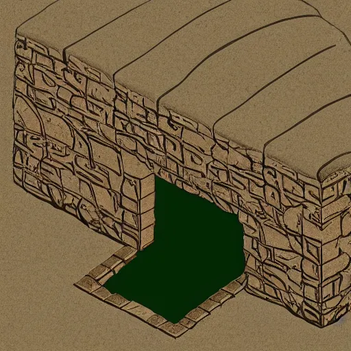 Prompt: isometric view of cave entrance, lineart