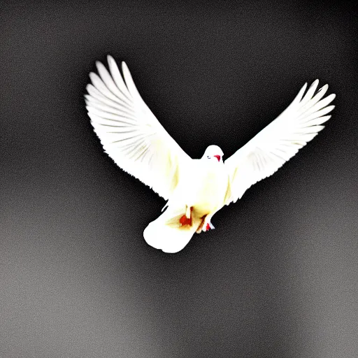 Image similar to a realistic photo of a white dove on a solid black background, high contrast, 8k, film grain, highly detailed