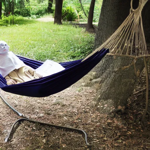 Prompt: humanoid robot asleep in a hammock, whimsical, nostalgic