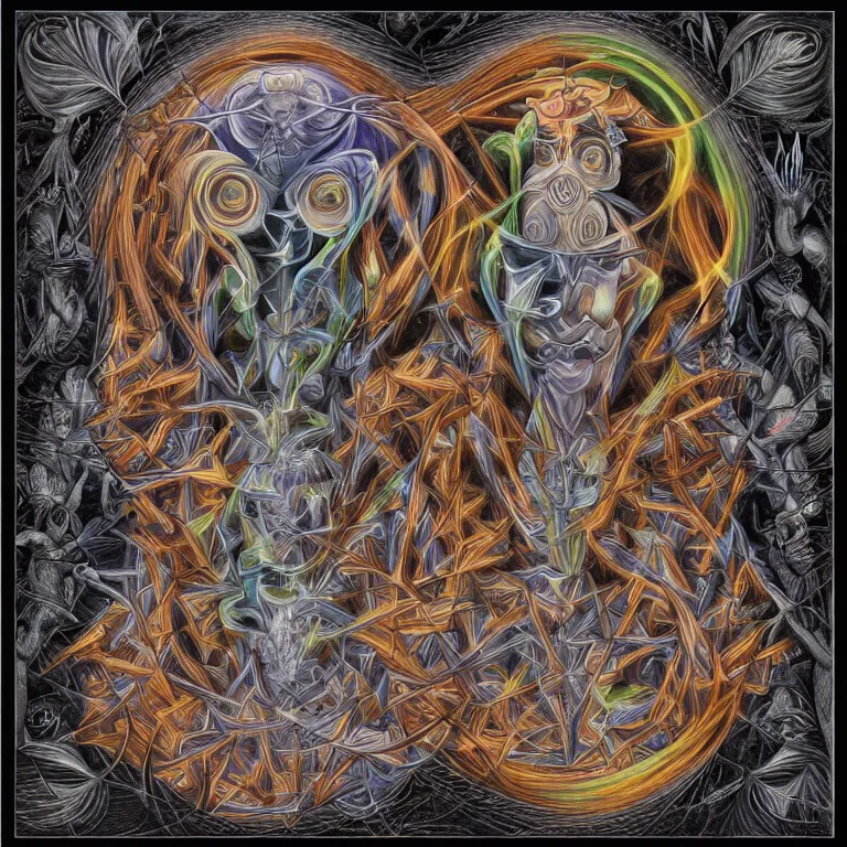 Image similar to expression of mind-matter interaction through death by Alex Grey and M. C. Escher collaboration, digital painting, Groundcore