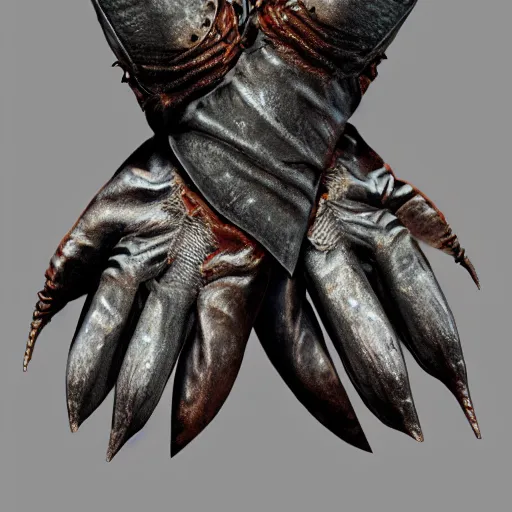 Image similar to metal claws on gloves, old leather gloves with attached talons, pointy fingertips, dark background, highly detailed, 8 k, trending on artstation, mystic, rpg artwork, by peter jackson, by sauron