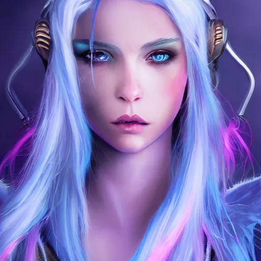 Image similar to Fantasy warlock, character portrait, pretty egirl gaming, blue hair, perfect blue arctic eyes, blue neon style gaming headset, face, very pretty face, cinematic lighting, hyper-detailed, cgsociety, 8k, high resolution, in the style of Charlie Bowater, Tom Bagshaw, single face, symmetrical, headshot photograph, insanely detailed and intricate, beautiful, elegant, cinematic, portrait, Raphaelite, headroom, artstation