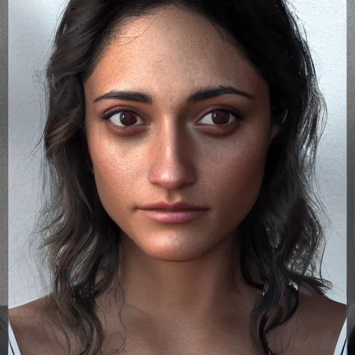 Image similar to tanned face Emmy Rossum, realistic, photo studio, HDR, 8k, trending on artstation