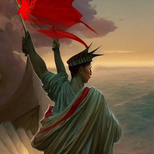 Image similar to Lady Liberty riding the red dragon of china, highly detailed, digital painting, artstation, concept art, smooth, sharp focus, illustration, art by artgerm and greg rutkowski and alphonse mucha