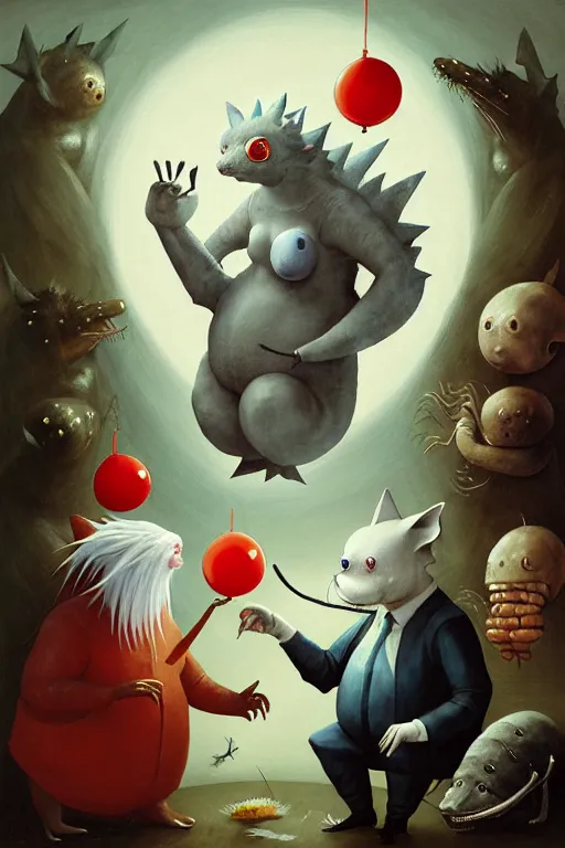 Prompt: hieronymus bosch, greg rutkowski, anna podedworna, painting of two white haired catgirls, a small fat blue godzilla, a pickle in a suit and tie, a cybernetic fox woman, a woman with one eye, a small hedgehog, a man with a shrimp for a head, pointing at a vampire clown with red hair in a vr headset