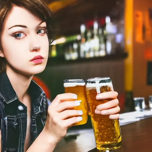 Prompt: Masculine anime girl sitting at a bar, holding a large glass of beer, obviously drunk, camera angle looking up at her, HDR, anime, detailed eyes