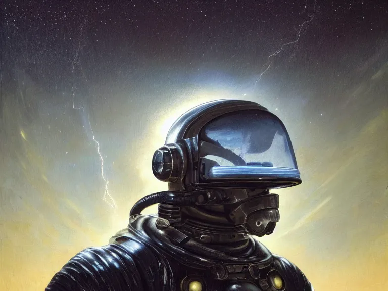 Image similar to a detailed profile oil painting of a lone shock trooper in a spacesuit with reflective helmet, technology flight suit, bounty hunter portrait symmetrical and science fiction theme with lightning, aurora lighting clouds and stars by beksinski carl spitzweg and tuomas korpi. baroque elements, full-length view. baroque element. intricate artwork by caravaggio. Trending on artstation. 8k