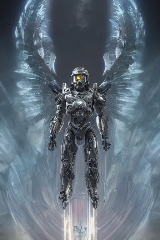 Image similar to portrait of master chief as a one winged angel with a halo behind her, catholic religious art, ornate, fractal cloud, sacred, opposite cyberpunk, nebula, halo, strong, seductive, imposing, biomechanical, biblical, by moebius and greg rutkowski and artgerm, octane render, trending on artstation