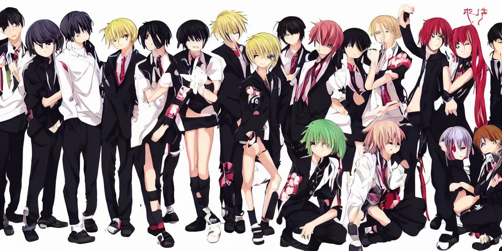 Image similar to 2 anime girls posing with 6 anime boys