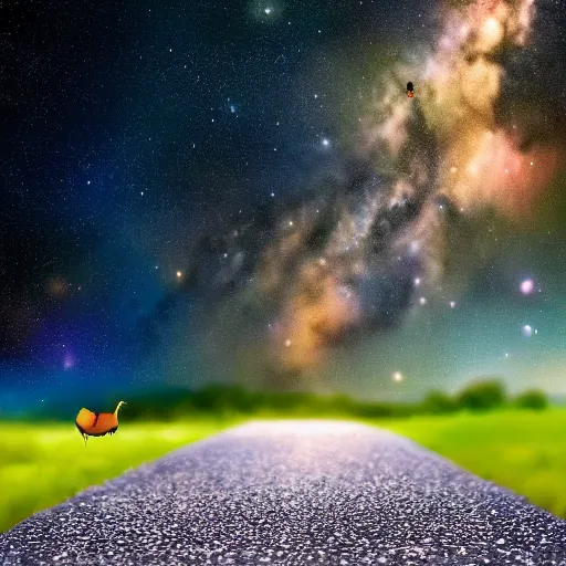 Prompt: a duck, walking on the road, looking up at the sky, milky way, starry sky, art station trend, close - up view