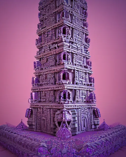 Image similar to detailed painting giant intricate tower structure carved out of complex bone with royal purple gems rendered in cinema 4 d octane